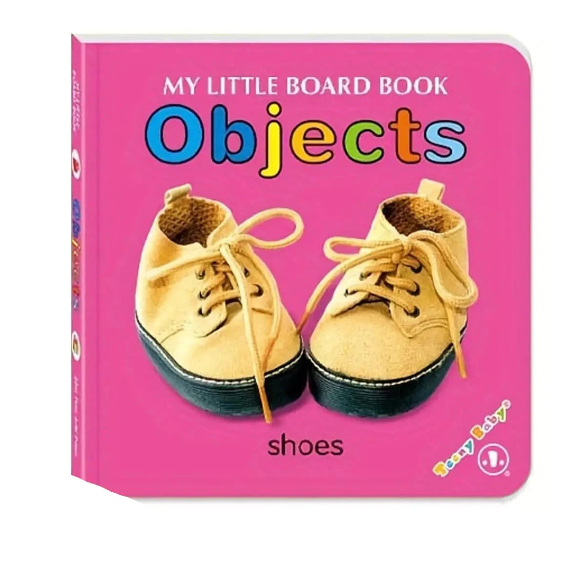 Children's board book titled 'My Little Board Book Objects' with shoes on a pink background