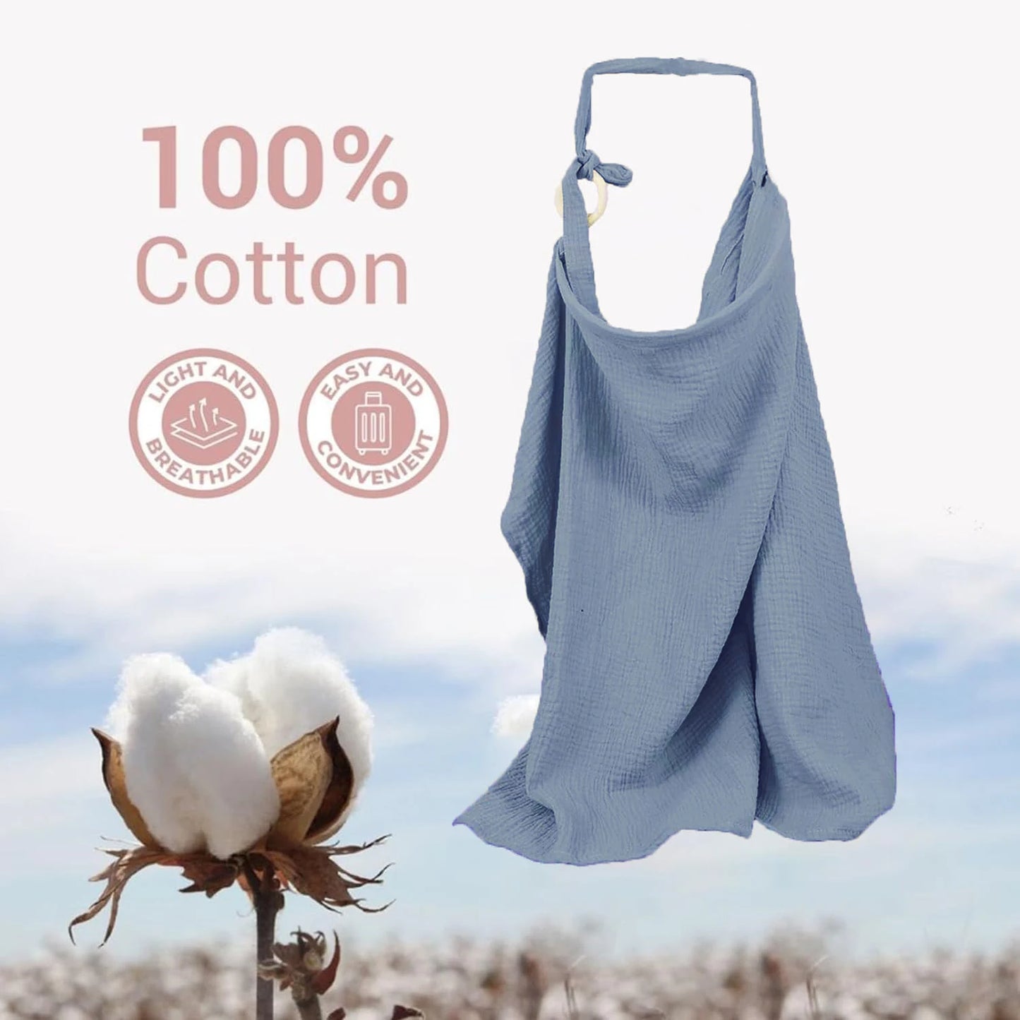 Light blue tank top on a mannequin with cotton plant and '100% Cotton' text on a blurred field background.