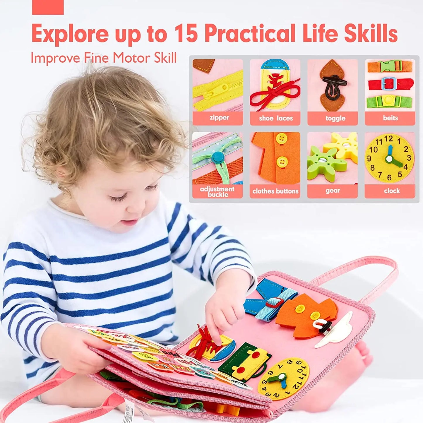Child interacting with a colorful educational toy, with text about practical life skills and fine motor skills improvement.