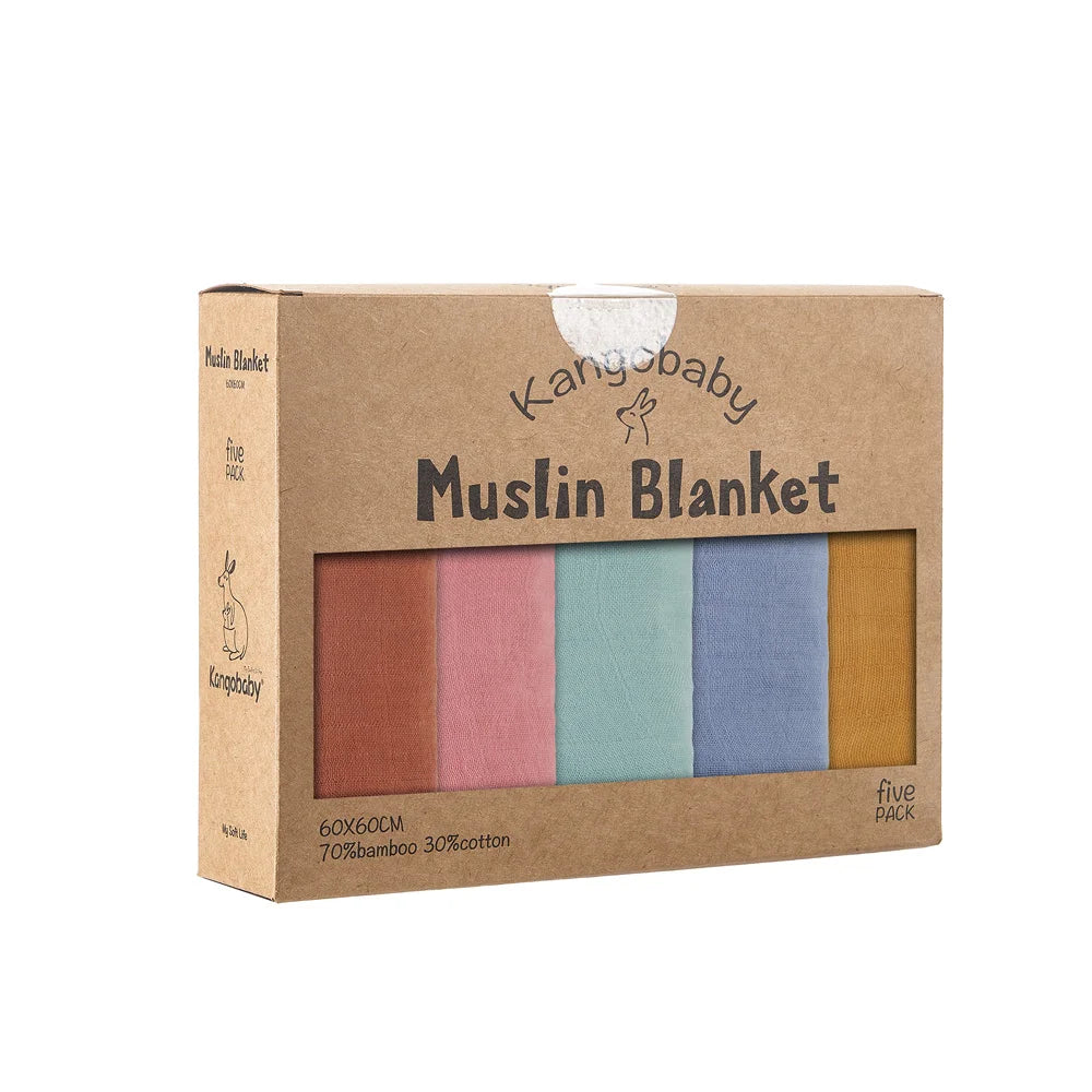 Kangobaby Muslin Blanket packaging with four sample swatches on a white background