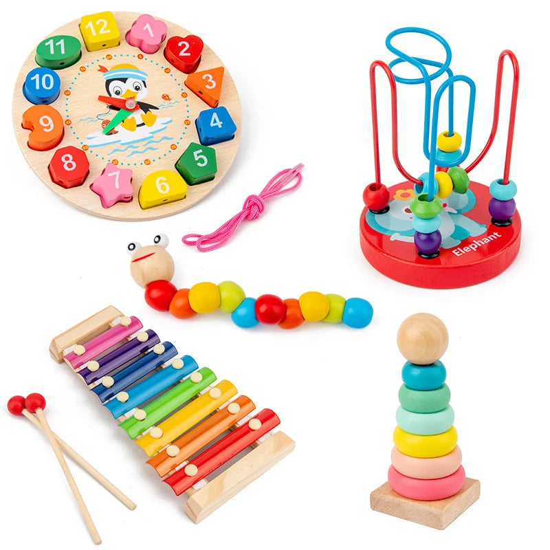 Collection of colorful wooden toys including a clock, xylophone, and stacking rings on a white background.