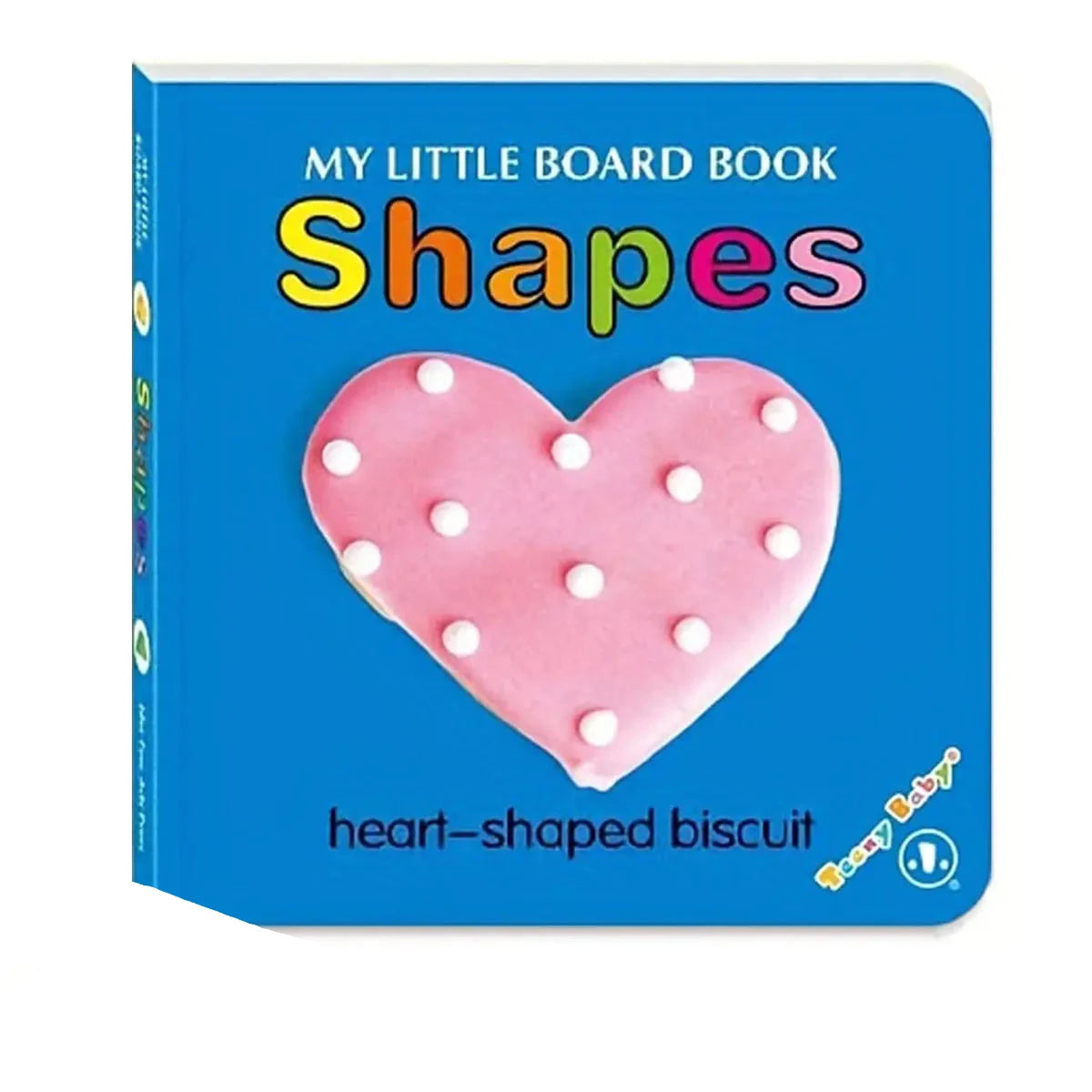 Board book titled 'Shapes' with a heart-shaped biscuit illustration on a blue background