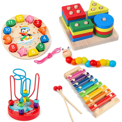 Set of colorful wooden educational toys including a clock, shape sorter, bead maze, xylophone, and maracas on a white background.