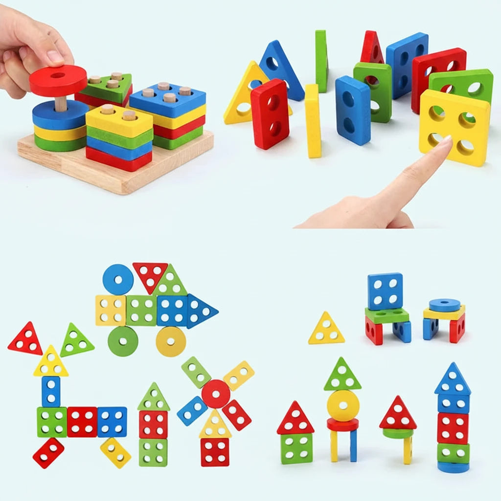 Colorful wooden building blocks with geometric shapes on a light blue background.