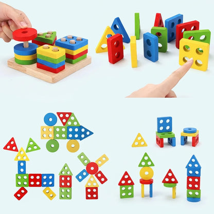 Colorful wooden building blocks with geometric shapes on a light blue background.