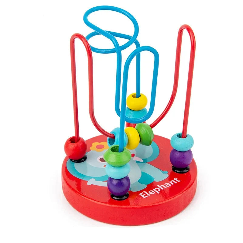 Colorful bead maze toy on a white background