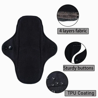 Black sanitary pad with close-up details on fabric layers, buttons, and TPU coating.