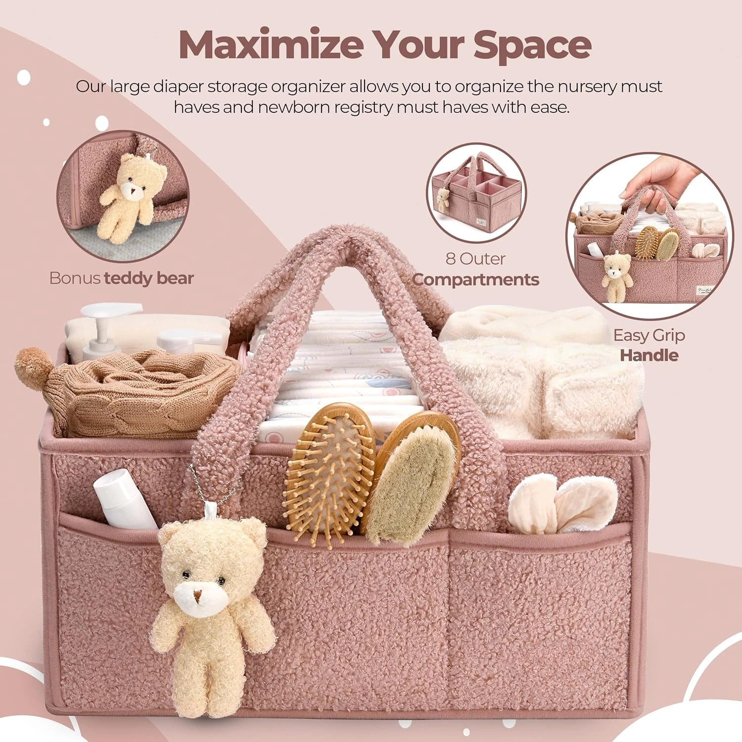Baby diaper storage organizer with teddy bear and baby items on a pink background