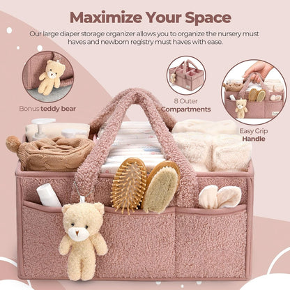 Baby diaper storage organizer with teddy bear and baby items on a pink background
