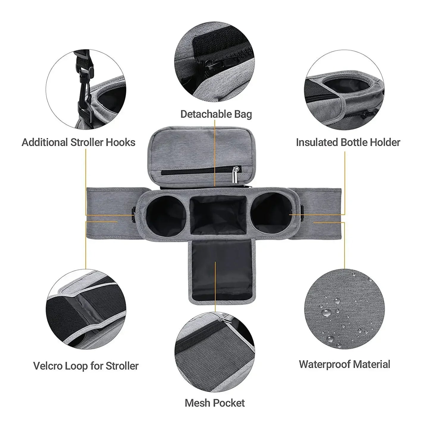 Gray organizer with features highlighted on a white background