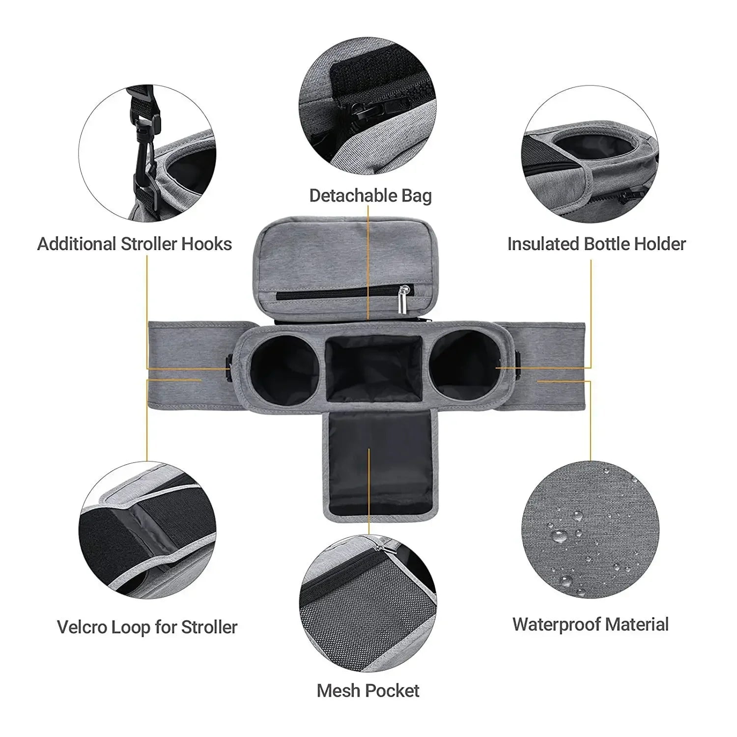Gray organizer with features highlighted on a white background