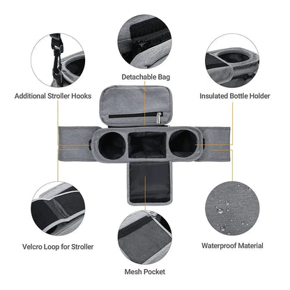 Gray organizer with features highlighted on a white background
