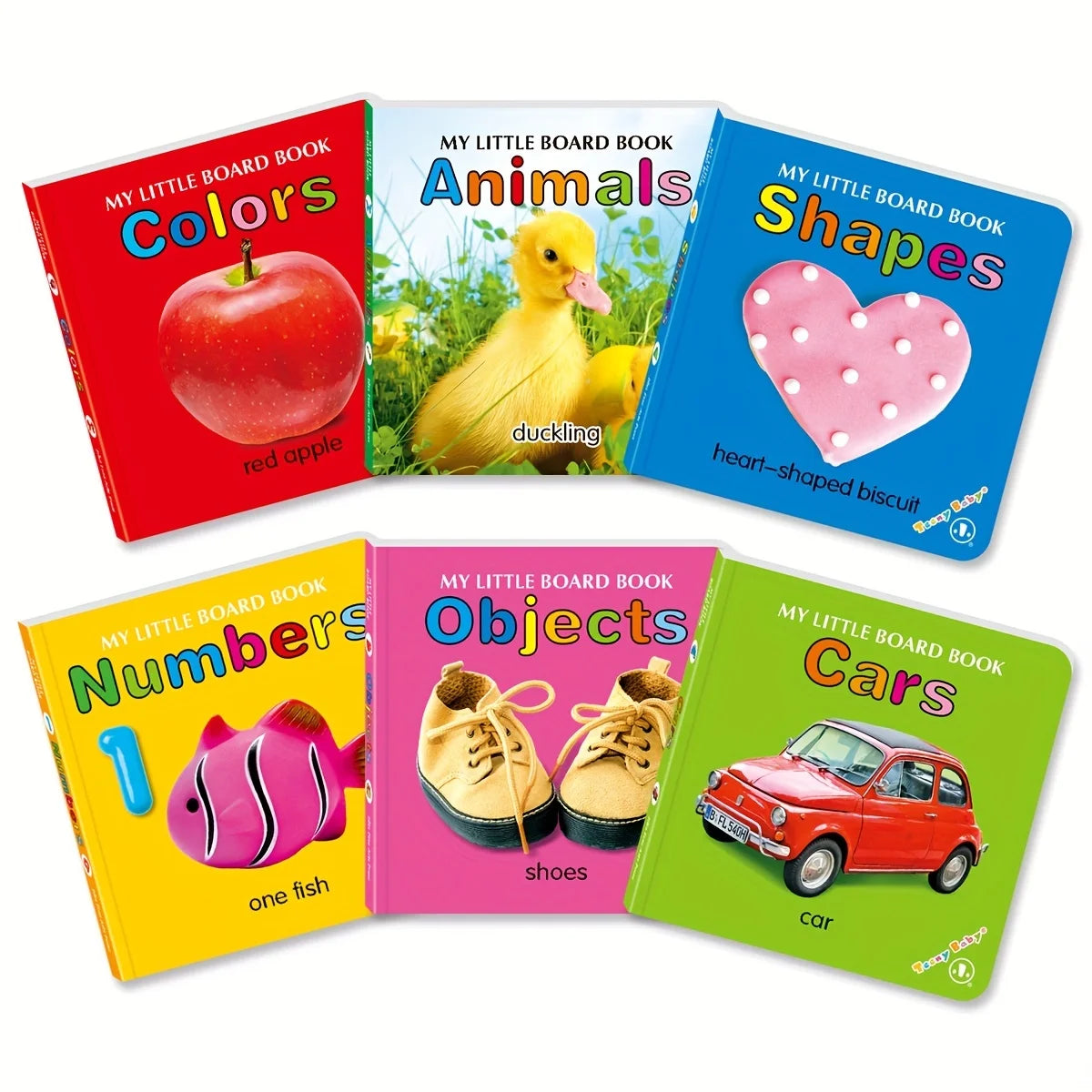 Set of six colorful children's board books on various topics.