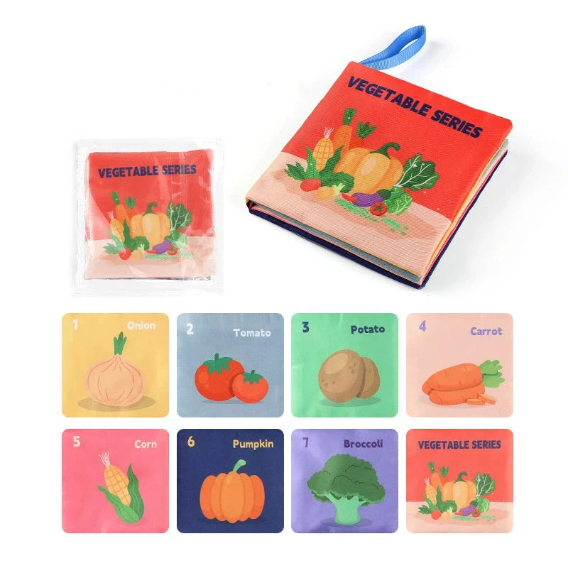 Children's book and flashcards with vegetable illustrations on a white background