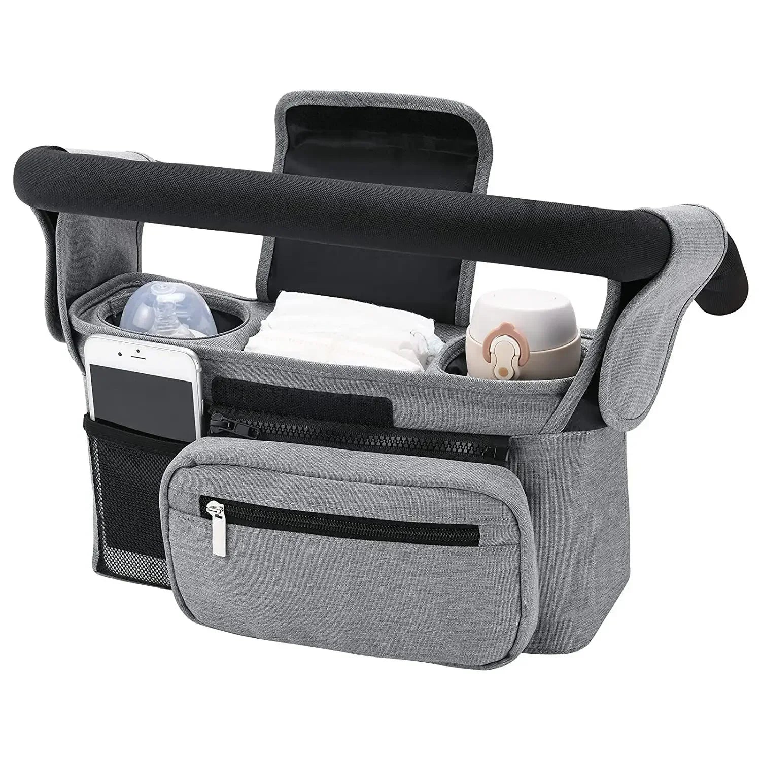 Gray car seat organizer with various items on a white background