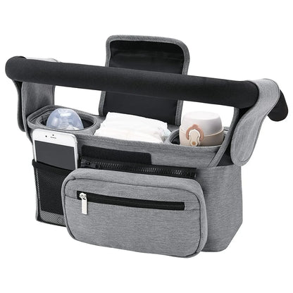 Gray car seat organizer with various items on a white background