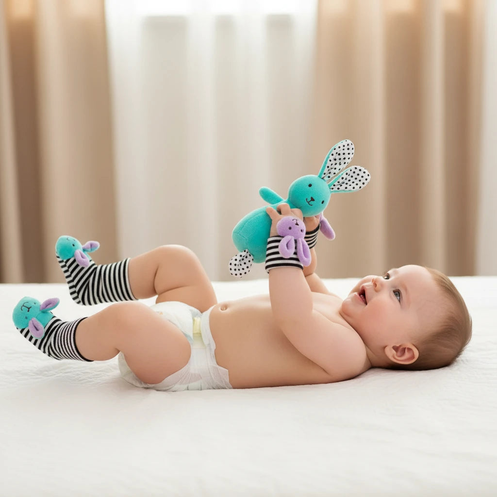 Baby playing with wrist rattles on a white blanket, with text about product features.