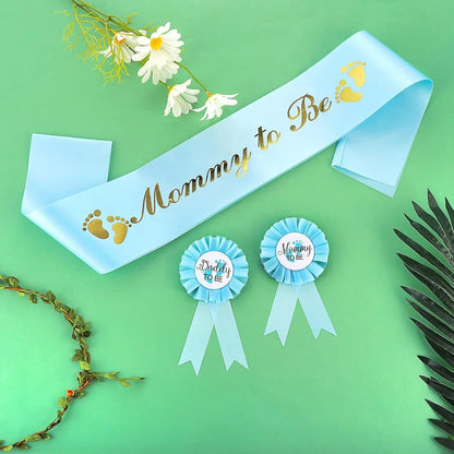 Baby Shower Mom-to-Be Sash & Tinplate Badge Combo Kit – Gender Reveal Party Set