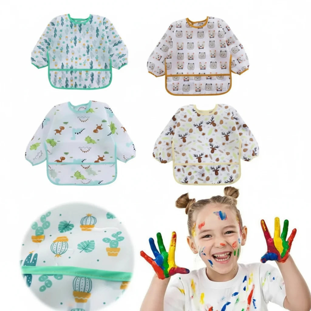 Collection of children's smocks with various patterns and a child wearing one, surrounded by text about fabric quality.