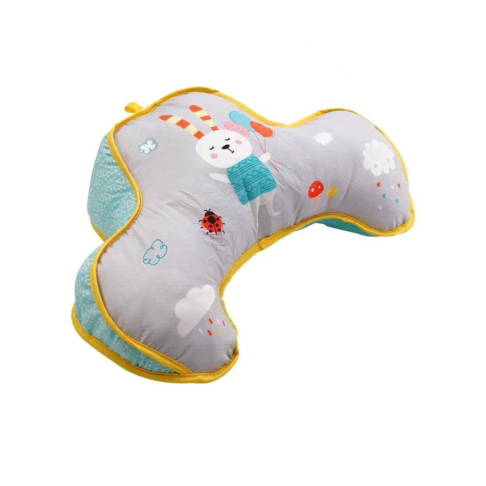Baby neck pillow with cartoon design and measurements on a white background