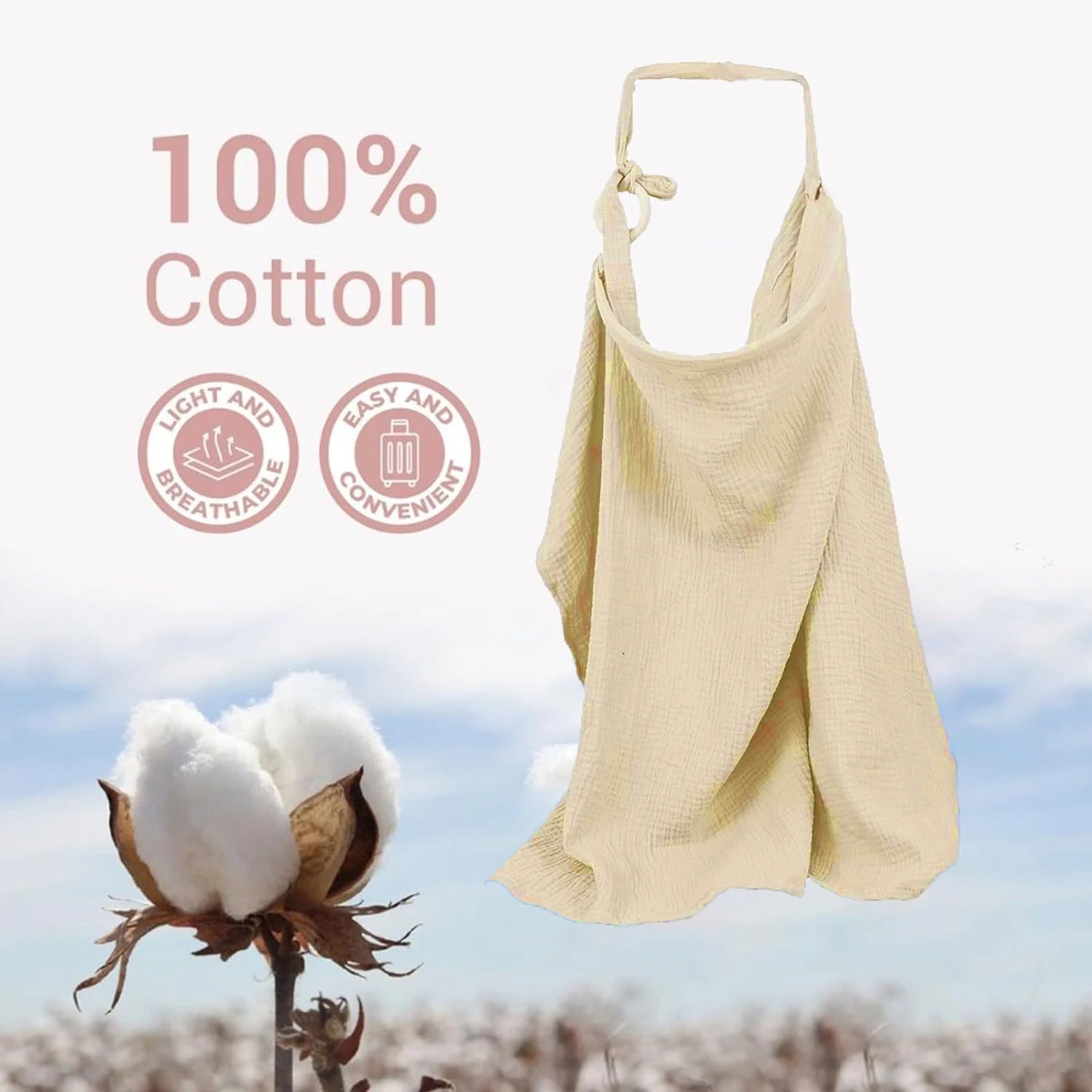 Beige baby dress on a mannequin with cotton plant and field in the background, labeled '100% Cotton'.