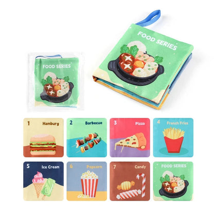 Children's educational book and cards with food-themed illustrations on a white background