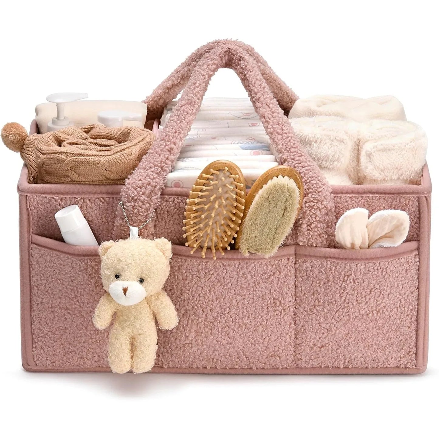 Pink baby organizer with toys and items on a white background
