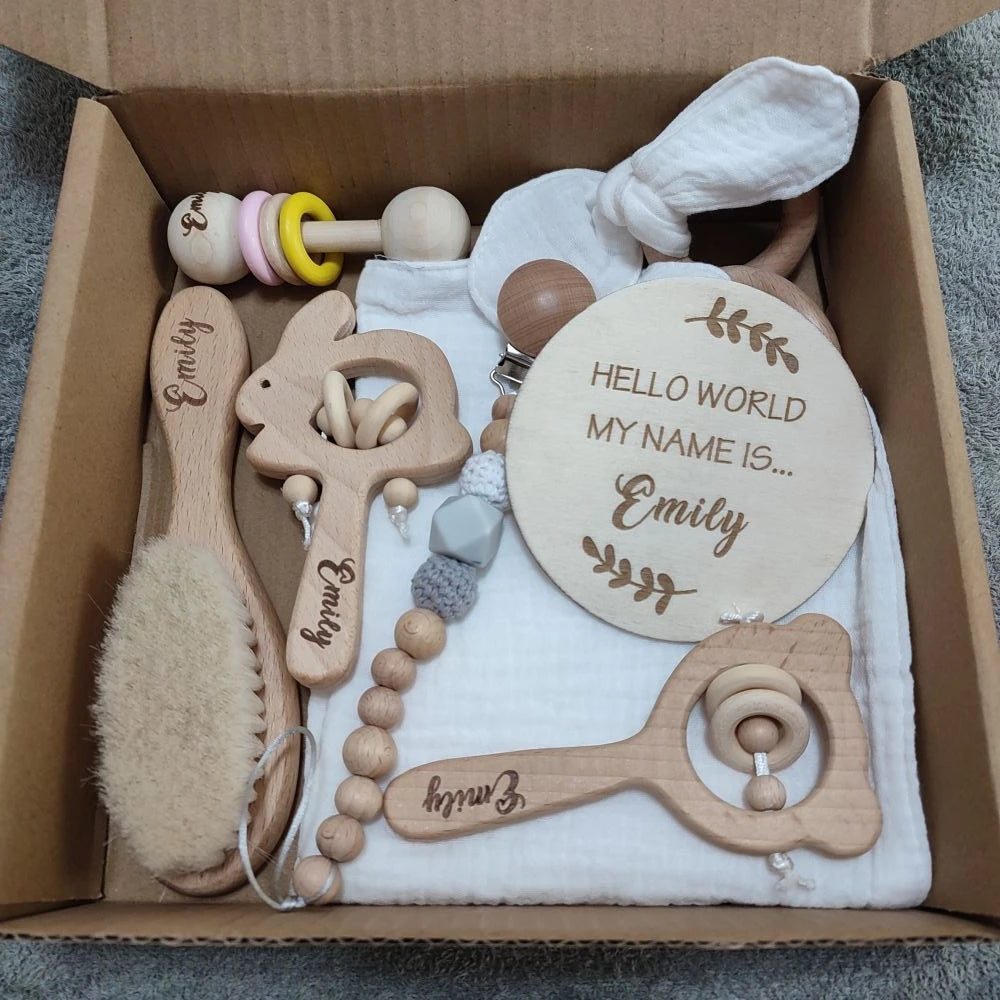 Personalized Baby Gift Box Set – 8pcs Natural Wood Teether, Rattle & Keepsake