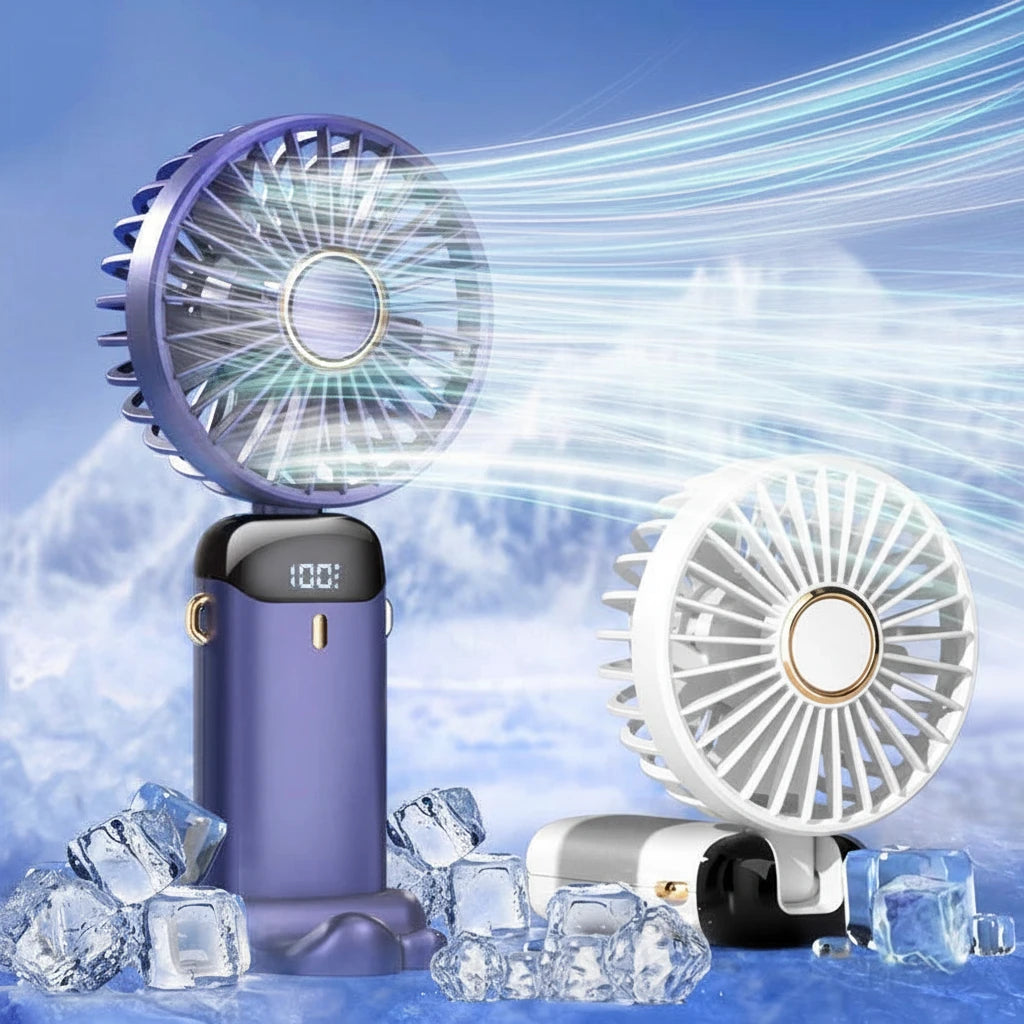 Handheld fan with digital display and 1800mAh rechargeable feature on a blue background.