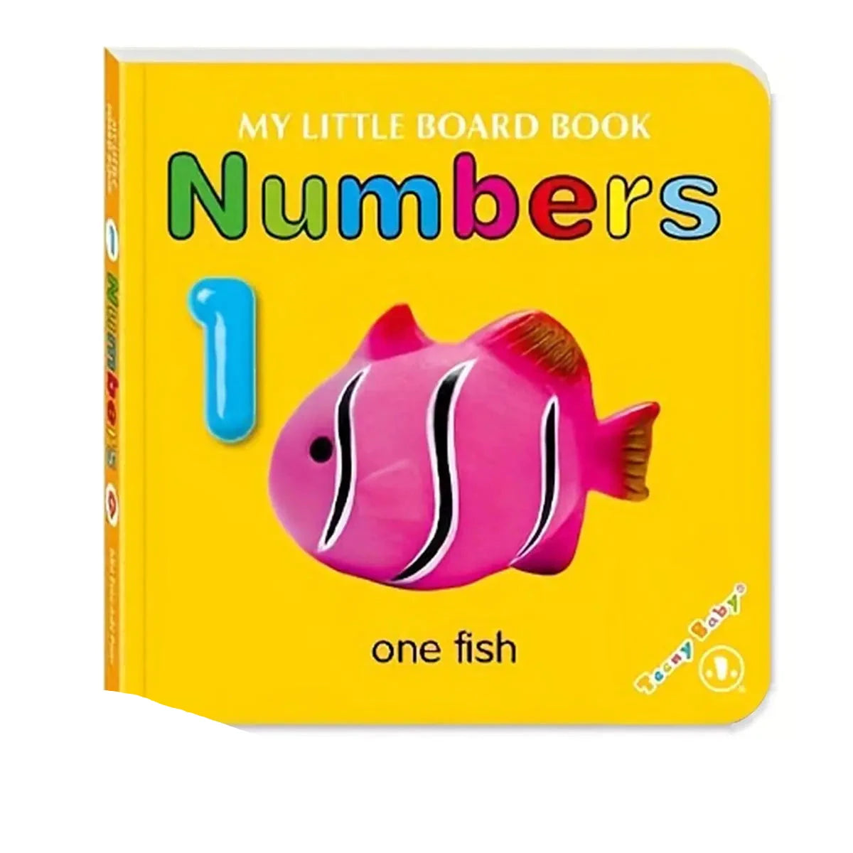 Children's book titled 'Numbers' with a pink fish illustration on a yellow background