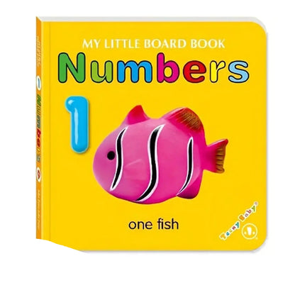 Children's book titled 'Numbers' with a pink fish illustration on a yellow background