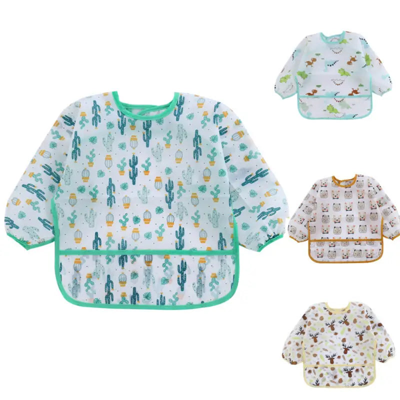 Set of baby bibs with cactus pattern, animal pattern, and green border design on a white background.