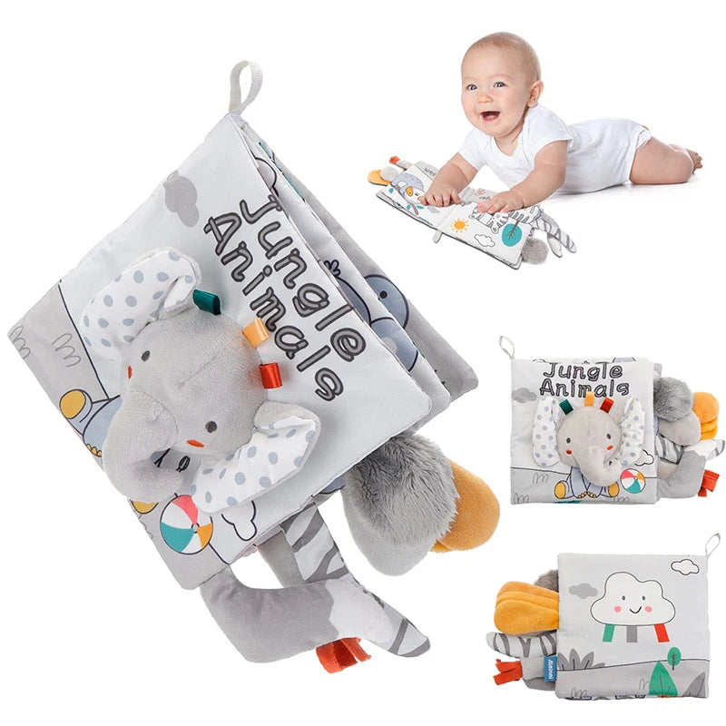 Soft Plush Baby Sensory Cloth Book — 3D Touch & Feel Musical Stroller Toy for Infants 0–12 Months