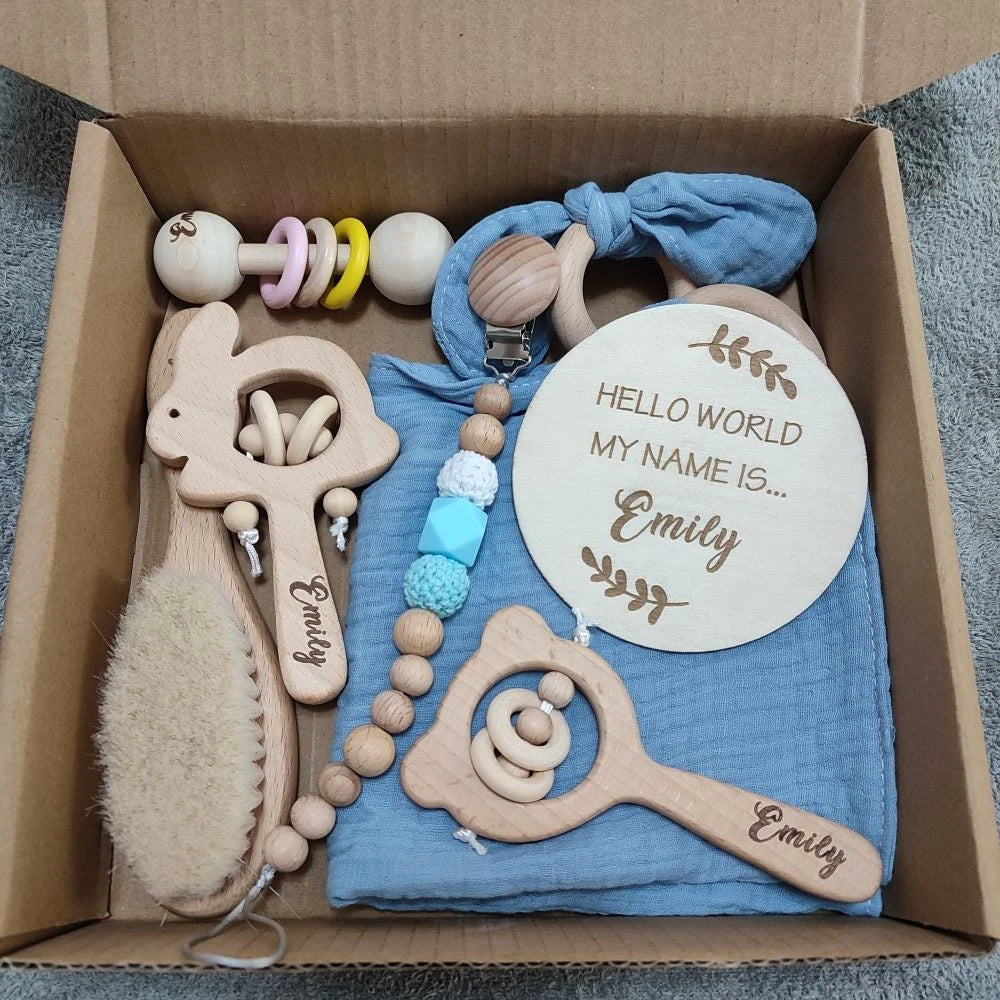 Personalized Baby Gift Box Set – 8pcs Natural Wood Teether, Rattle & Keepsake