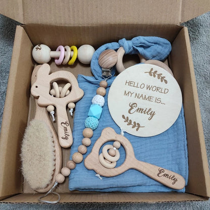 Personalized Baby Gift Box Set – 8pcs Natural Wood Teether, Rattle & Keepsake
