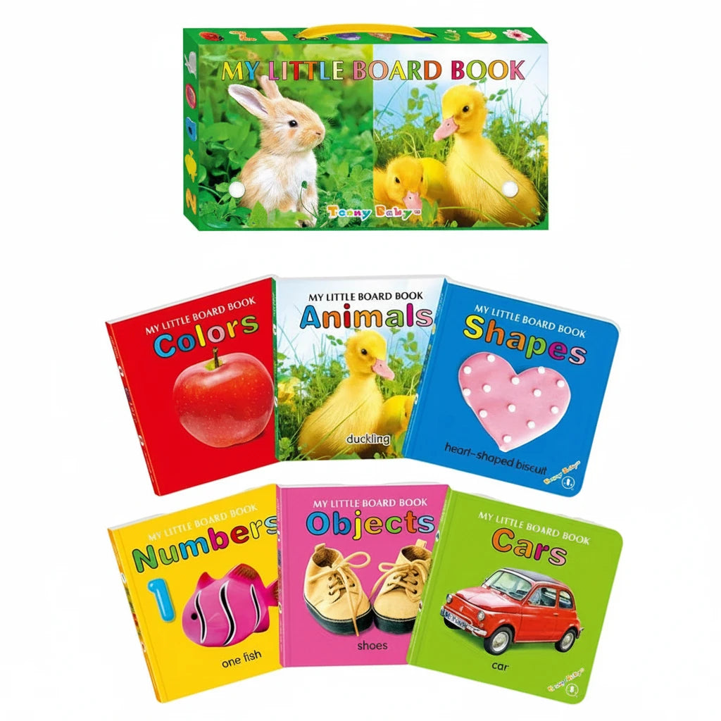 Set of colorful children's board books on a white background