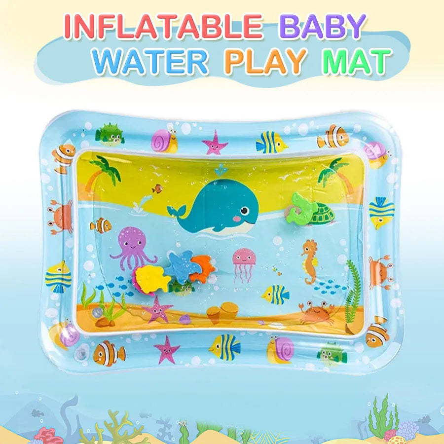 Inflatable baby water play mat with ocean-themed design on a light blue background