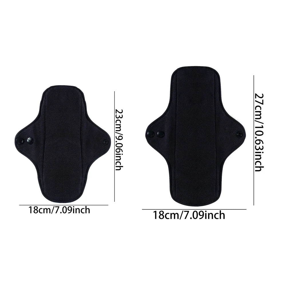 Black sanitary pad with measurements on a white background