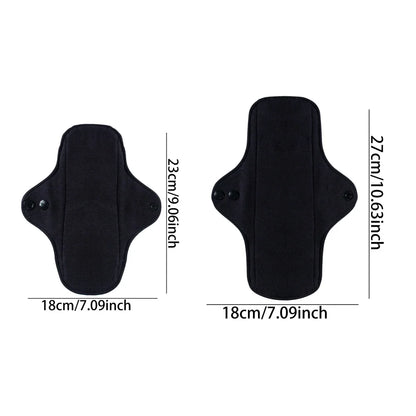 Black sanitary pad with measurements on a white background