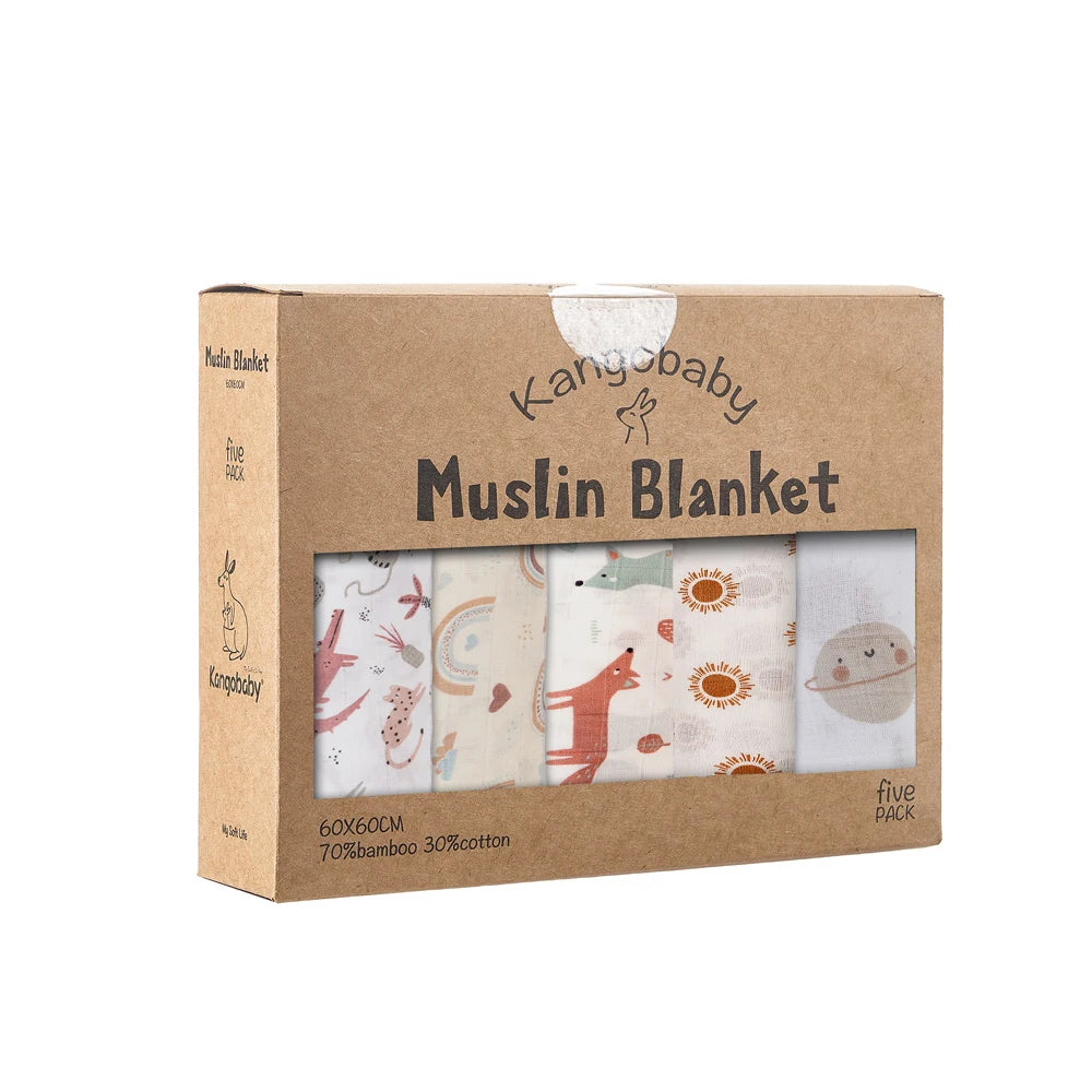 Kangobaby muslin blanket packaging with illustrations on a white background