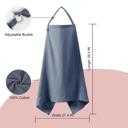 Blue apron with adjustable buckle and 100% cotton material, shown with measurements on a pink background.