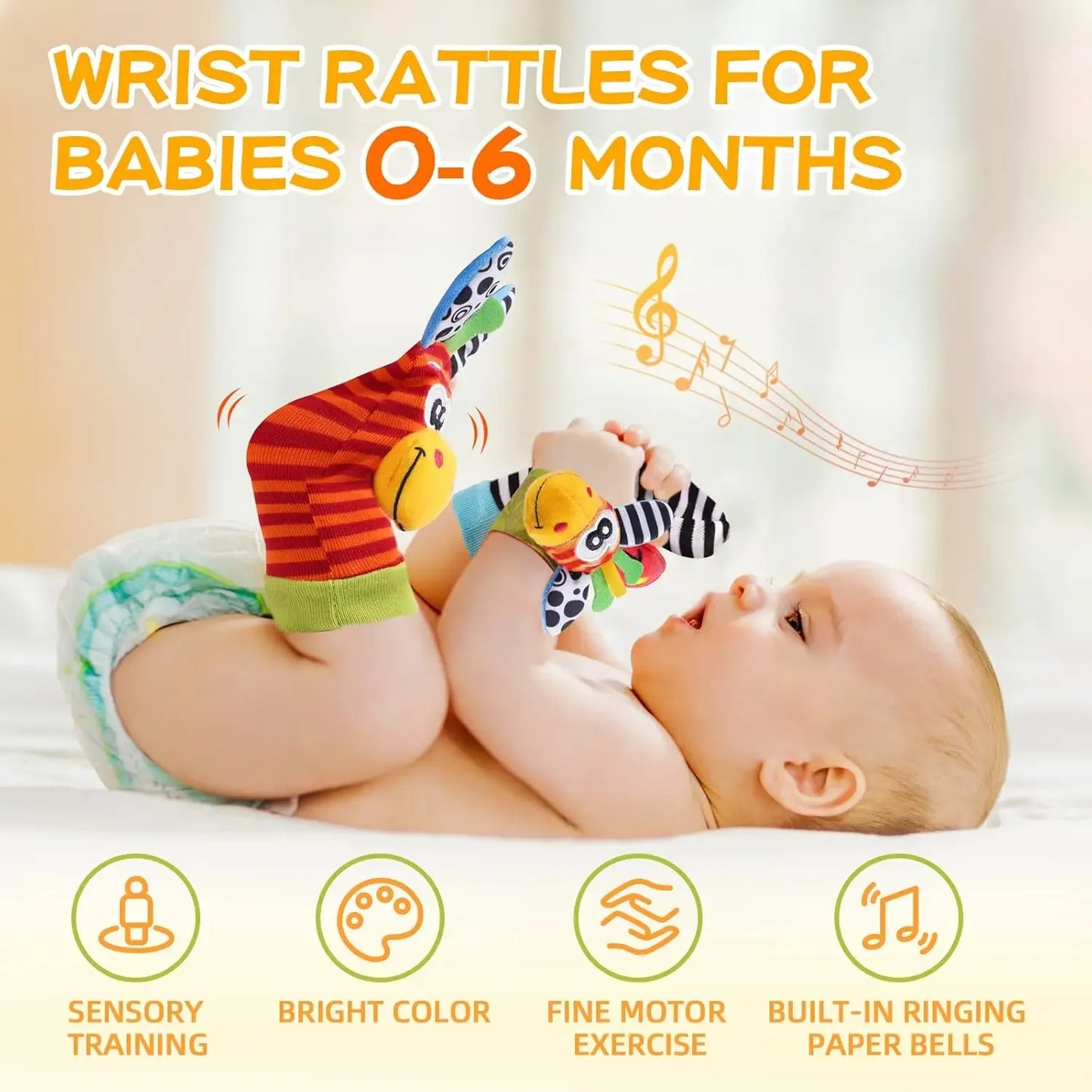 4-Piece Baby Rattle Socks & Wrist Strap Set — Animal Foot Socks & Bug Wrist Rattles for Babies 0–12 Months