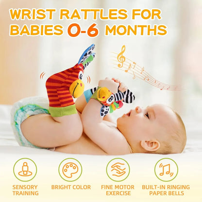 4-Piece Baby Rattle Socks & Wrist Strap Set — Animal Foot Socks & Bug Wrist Rattles for Babies 0–12 Months