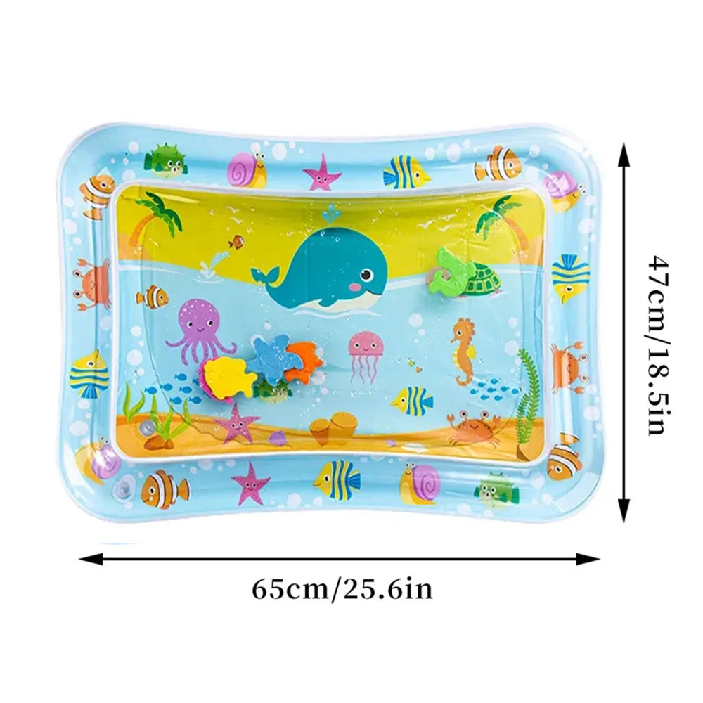Inflatable water mat with ocean-themed design and measurements on a white background