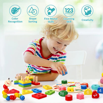 Child playing with colorful wooden educational toys on a white surface.