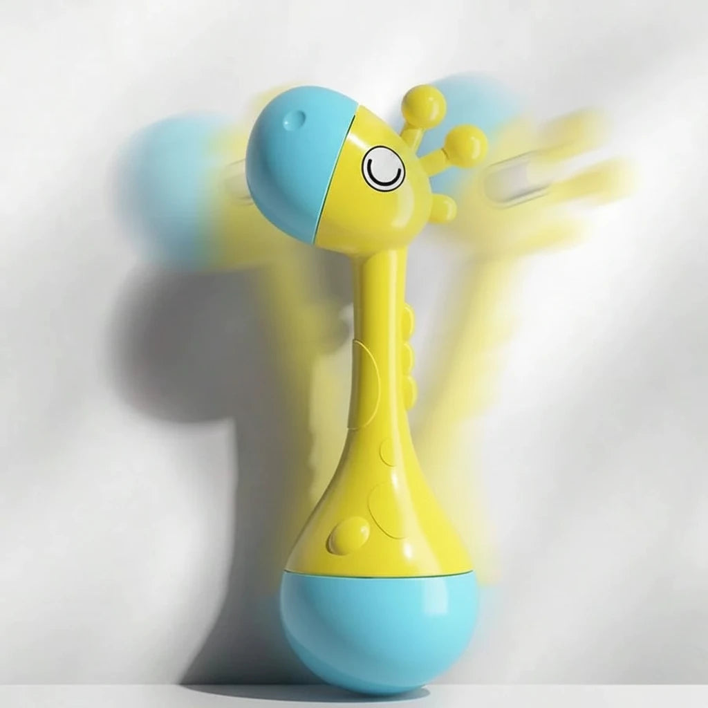Yellow and blue toy with a giraffe design on a white background