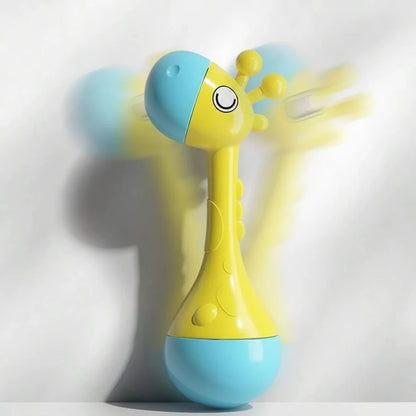Yellow and blue toy with a giraffe design on a white background