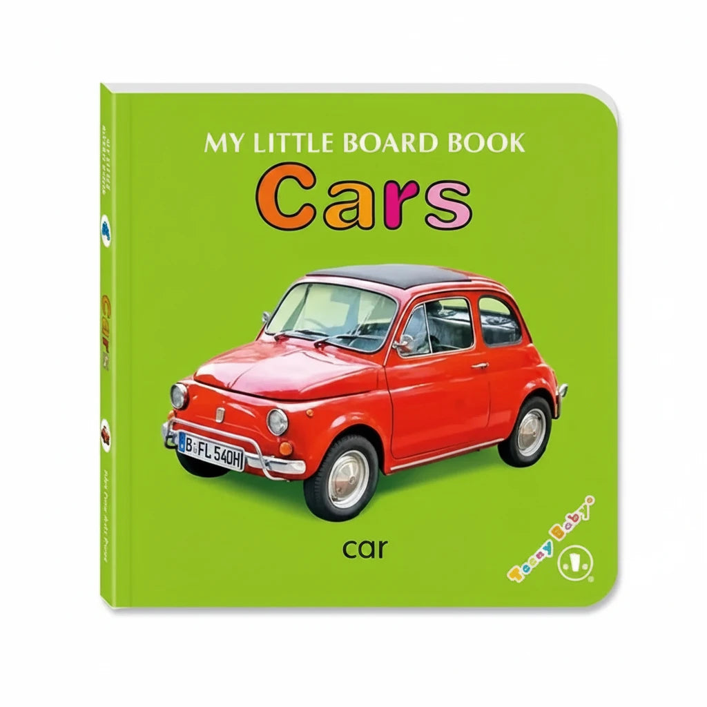 Board book titled 'Cars' with a red car illustration on a white background.