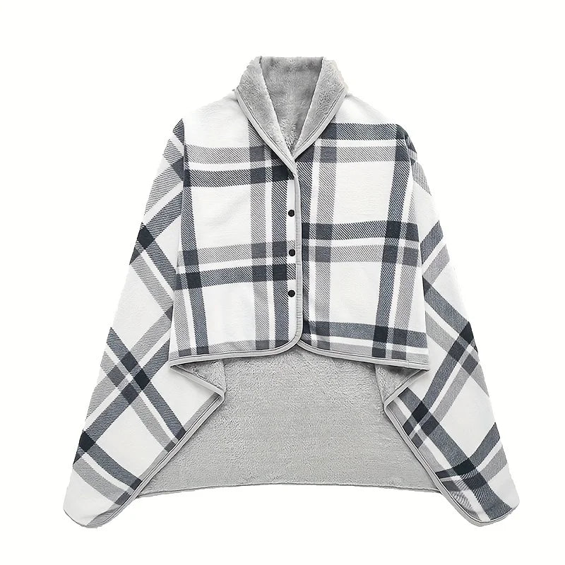 Plaid shirt over a gray sweater on a white background