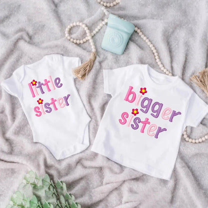 Big Sister Little Sister Matching Outfit Set | Letter Print Tee & Baby Romper | Sibling Gift, 3M-12Y - Babytopia32